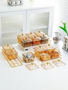 1 Set Luxury Fruit Plate With Jar, Home Living Room Coffee Table Candy Box, Compartment Dust-Proof Dried Fruit Box, Snack Tray, Dining Table Storage Box - Gold - View 7