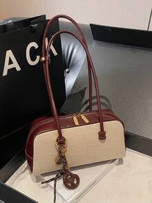 1pc Solid Color Women Underarm Bowling Bag, PU Woven Patchwork Design, Minimalist Chic, Versatile For Daily, Travel, Commute, Comes With Decorative Accessory - Brown - View 5