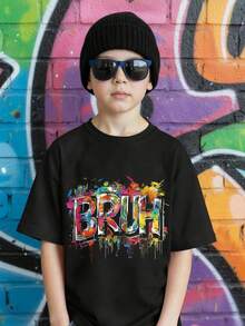 Boys' Casual Minimalist Slogan Print Crew Neck Short Sleeve T-Shirt, New Summer Boys' Clothing - Black - View 10