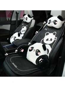 1pc Universal Car Seat Cushion, Plush Warm Panda Design Soft Comfortable Car Seat Protector With Neck Pillow, Suitable For Most Vehicles,Car Accessories - Black - View 12