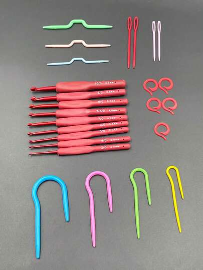 1 Set Crochet Hook Kit, 9pcs Soft Handle Crochet Hooks (Basic Set Only Includes Hooks, Upgraded Set Includes Plastic Yarn Needles, Knitting Tools & Stitch Markers), Gift For Knitting Enthusiasts