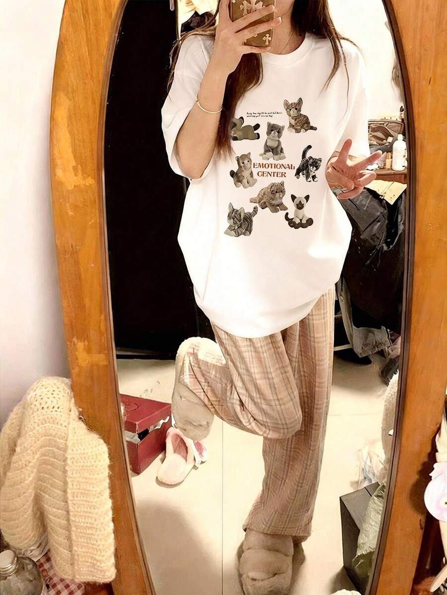 女士圆领短袖T恤，夏季新款猫咪图案字母印花，时尚休闲百搭宽松上衣 - 白色 - 查看 1