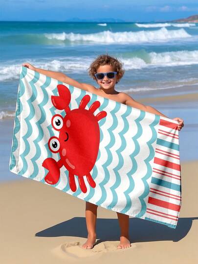 1pc Red Crab Wave Pattern Children's Beach Towel, Super Soft Microfiber Extra Large Beach Blanket, Super Absorbent Bath Towel, Suitable For Travel, Swimming Pool, Diving, Surfing, Yoga, Camping, Available In Multiple Sizes, Beach Accessory