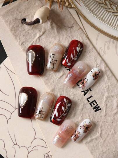 10pcs Acrylic Press On Nails Red Nails Change Color Flower Fake Nails Artificial Nails Kit Includes 1sheet Adhesive Tabs &1 Pc Mini File
