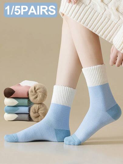 1/5 Pairs Women Colorblock Thermal Lined Warm Comfortable Fashionable Casual Mid-Calf Socks