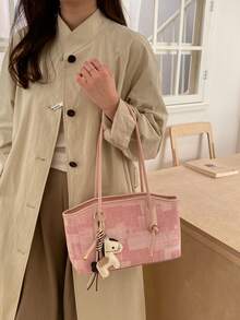 Dedoo Women's Fashionable Retro Denim Plaid Tote Bag, Adorned With A Delicate Pony Charm. - Pink - View 6