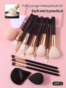 16pcs Premium Makeup Brush Set, Includes Powder Brush, Blush Brush, Concealer Brush, Eyeshadow Brush, Brush Set & Ultra Soft Makeup Sponge Blender, Complete Cosmetic Tools - Black - View 4