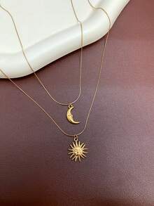 1pc Stainless Steel Waterproof Non-Fading Vintage Smile Face, Moon, Sun Pendant Necklace, Suitable For Women's Daily Wear - Gold - View 7