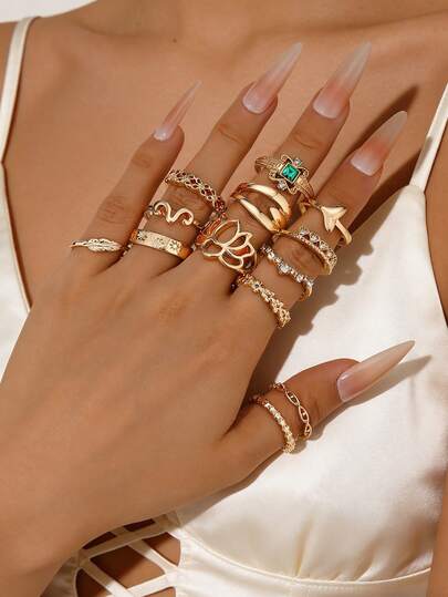 13Pcs Gold Boho Leaf, Arrow, Lotus, Rhinestone Stackable Rings Set For Women, Party & Daily Wear ( Electroplated Material)