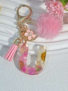 1pc Dried Flower Letter Keychain Resin Pendant Daisy Flower Keyring, Pink Gift With Pom Pom Tassel Charm - Pink - View 22