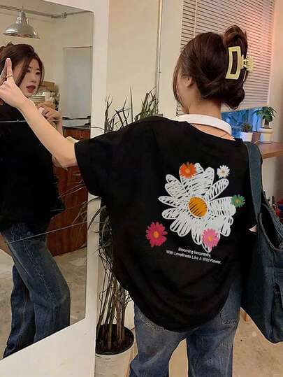 女士宽松圆领短袖字母花卉印花T恤，春夏款