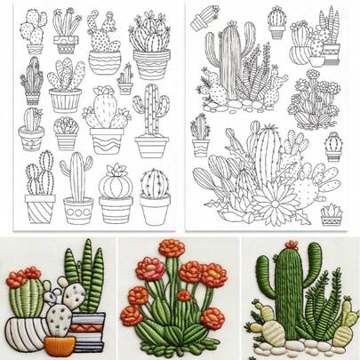 Kit d'embroiderie autocollant de cactus, papier de motif de broderie stabilisateur hydrosoluble, papier de fleurs à points lavable