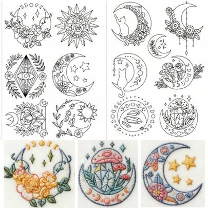 Sun & Moon Pattern Pre-Printed Embroidery Stabilizer Sticker, Self-Adhesive Water-Soluble Non-Woven Fabric, Suitable For Handmade Embroidery