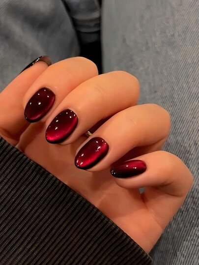 24片中性短椭圆形美甲贴纸，红色猫眼纯色按压式美甲贴纸，亚克力材质，假指甲，美甲套装，可移除全覆盖，持久耐用，包含1张贴纸和1个迷你指甲锉，适合日常佩戴，美甲护理用品。