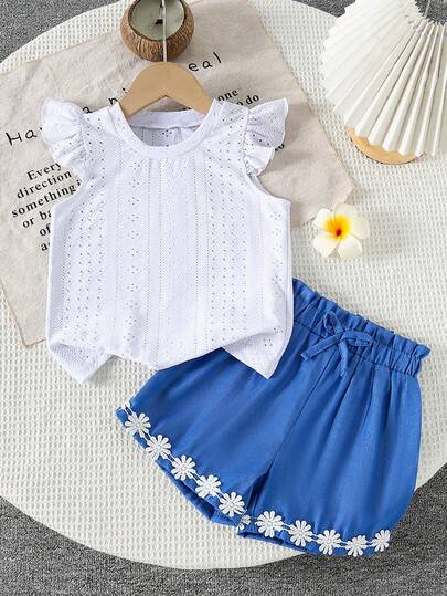 2 piezas Conjunto de verano para niñas, chaleco de malla blanca transpirable y conjunto informal de manga corta con adorno floral, adecuado para que las niñas usen al aire libre, en actividades de ocio, vacaciones o en casa