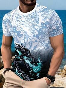 男士休闲渐变龙纹印花圆领短袖T恤，夏季 - 彩色 - 查看 3