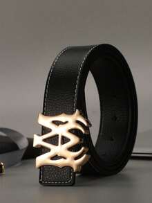 Men's Fashion Letter Push Buckle Belt, Premium Black PU Faux Leather Belt With Adjustable Push Buckle | 5 Buckle Colors (Gold/Silver/Black/Gold-Black/Silver-Black), Suitable For Formal And Casual Wear, 120cm Length, Ideal Gift For Men - Multicolor - View 10