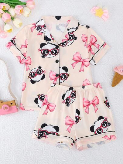2pcs/Set Tween Girls' Cute Panda & Bow Print Polo Collar Short Sleeve Cardigan And Shorts Casual Pajama Set, Flame Retardant, All Season
