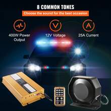 Sirena de policía, sistema PA de 400 W, 8 sonidos fuertes, advertencia para coche, policía, incendio, alarma de emergencia, sirena de incendio, 2 bocinas, altavoz PA, sistema de micrófono, sirena para vehículo - Negro - Ver 2