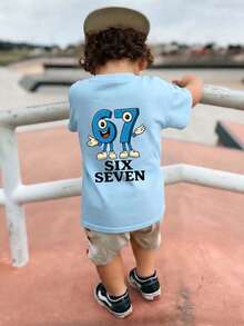 男童休闲印花圆领短袖T恤，夏季上衣 - 淺藍色 - 查看 5