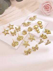 Stainless Steel Gold Earrings Set For Women, 4/6/8/10 Pairs Hypoallergenic Cute Bow Geometric Heart Studs Jewelry Gifts For Mother's Day - Multicolor - View 3