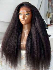 8-36inch Kinky Straight Human Blended Hair Wig 13x4 Transparent Lace Closure Kinky Straight Wigs 180% Density Human Blended Hair Wigs Glueless Pre Cut Lace Natural Black - Natural & Black - View 2