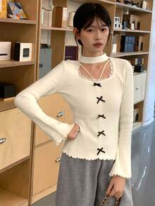 秋冬韩版柔软镂空方领荷叶边针织毛衣，随机布料 - 杏色 - 查看 5