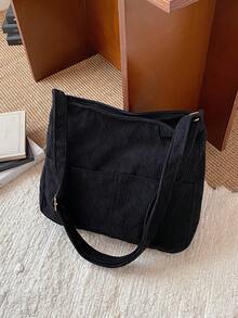 New Large Capacity Velvet Shoulder Bag, Casual Crossbody Bag, Cloth Bag, Commuting Travel Cloth Bag, College Student Bag - Black - View 3