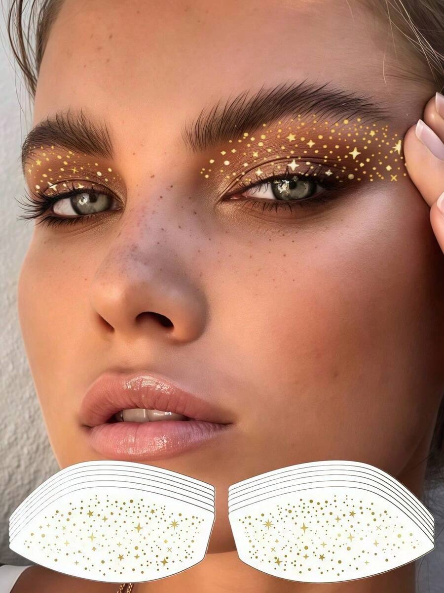 6张金色闪光眼部纹身贴纸，闪亮脸部纹身，防水金色眼影纹身，适用于节日派对、狂欢节、舞会礼物、情人节、夏季狂欢节装饰、复活节配饰 - 金色 - 查看 1