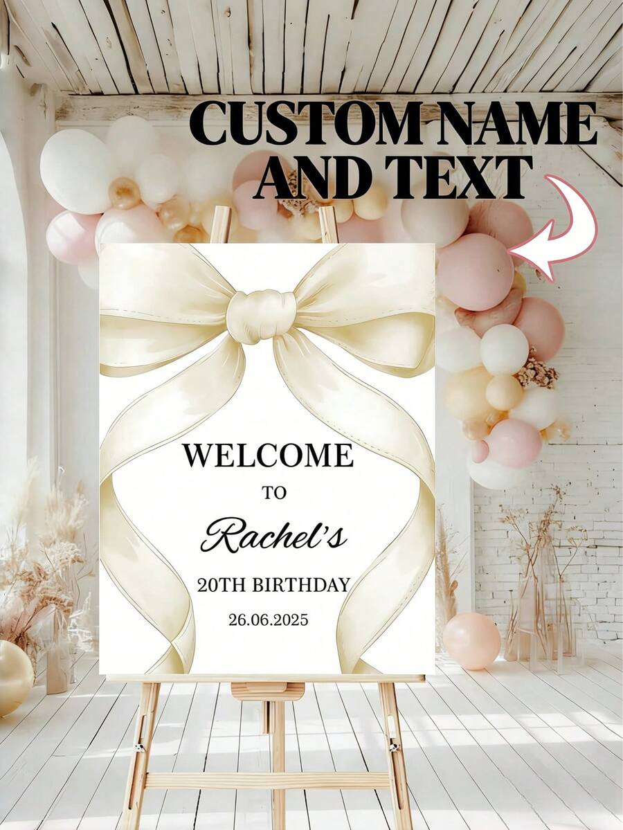 Biển chào mừng nơ hồng tùy chỉnh - Văn bản và ngày tháng có thể tùy chỉnh, trang trí tiệc cưới, sinh nhật, tiệc mừng em bé, lễ rửa tội, lễ đính hôn, tiệc nghỉ hưu màu hồng và vàng trang nhã - Biển chào mừng bằng nhựa dễ treo, trang trí đám cưới và sự kiện. - Nhiều màu - Xem 1