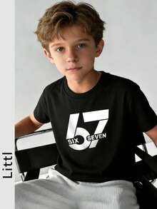 Camiseta de cuello redondo de manga corta con estampado informal para niños preadolescentes, top de verano - Negro - Ver 1