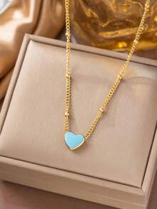 1pc Gold-Tone Blue Glaze Heart Pendant Necklace, Fresh And Sweet Style, Elegant And Women's Jewelry, Suitable For Dates, Gifts, And Daily Wear (OPP Bag Packaging) - Yellow Gold - View 5