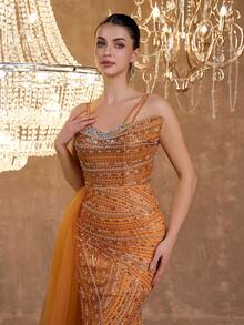 Elegant Sexy Mermaid Lace Trim Strapless Sequin Beaded Bodycon Maxi Dress - Orange - View 2