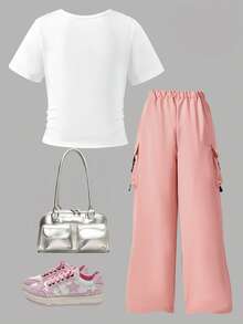 2pcs/Set Tween GirlsCute & Cool Outfit: Pink Cargo Wide Leg Pants + Bow Letter Cropped T-Shirt, Casual Street Style, Music Festival, Daily Wear, Comfortable - White - View 2