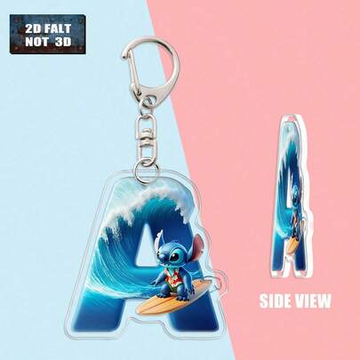 Llavero acrílico de Stitch surfista en 2D, con 26 letras y un diseño de Stitch haciendo surf. Adecuado para hombres y mujeres, lindo y compacto, se puede usar como accesorio de bolso, llavero de coche o decoración del hogar. Regalo ideal para cumpleaños, Navidad, Año Nuevo (regalo de San Valentín, accesorios de bolso, llavero de coche) Regalo de Ramadán, diseño plano 2D