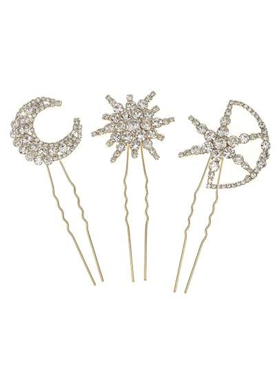 3pcs Celestial Rhinestone Moon & Star Hair Pins, Gold Crystal Sunburst Wedding Hair Accessories, Bridal Headpiece For Party Prom