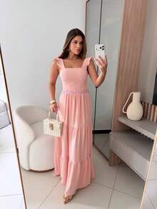 Long Dress With Lace Detail At The Waist, Duna Fabric. - Màu Hồng baby - Xem 4