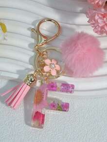 1pc Dried Flower Letter Keychain Resin Pendant Daisy Flower Keyring, Pink Gift With Pom Pom Tassel Charm - Pink - View 30