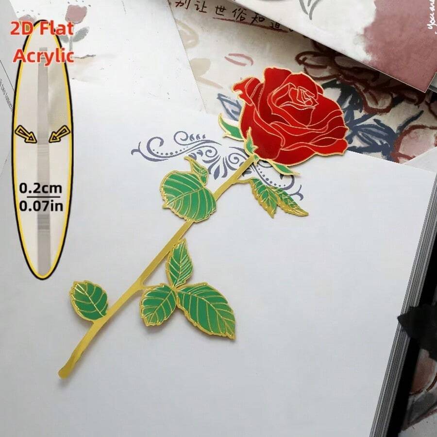 2D打印优雅红玫瑰耐用亚克力书签，金色花茎/情人节、母亲节、生日、教师节、爱书人士的理想礼物 - A - 查看 1