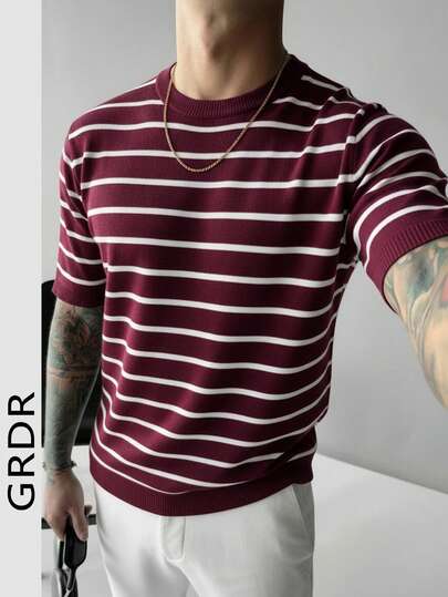  Suéter de punto de cuello redondo de manga corta con rayas minimalistas básicas para hombres GRDR