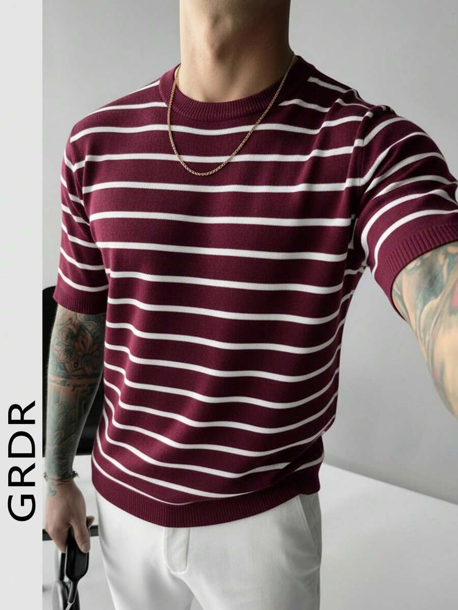 GRDR 男士极简条纹基础款圆领针织短袖毛衣 - 中紫紅色 - 查看 1