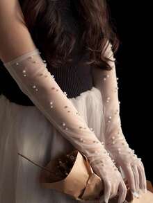 1 Pair White Faux Pearl Decor Elbow Length Gloves Wedding Autumn Accessories Valentine's Day Accessories - 白色 - 查看 6