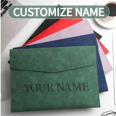 Personaliza tu nombre, número de teléfono, bolsillo para archivo A4 Bolsa de documentos a prueba de polvo de cuero PU Carpeta de archivo de gran capacidad Carpeta de archivo Papelería de oficina escolar