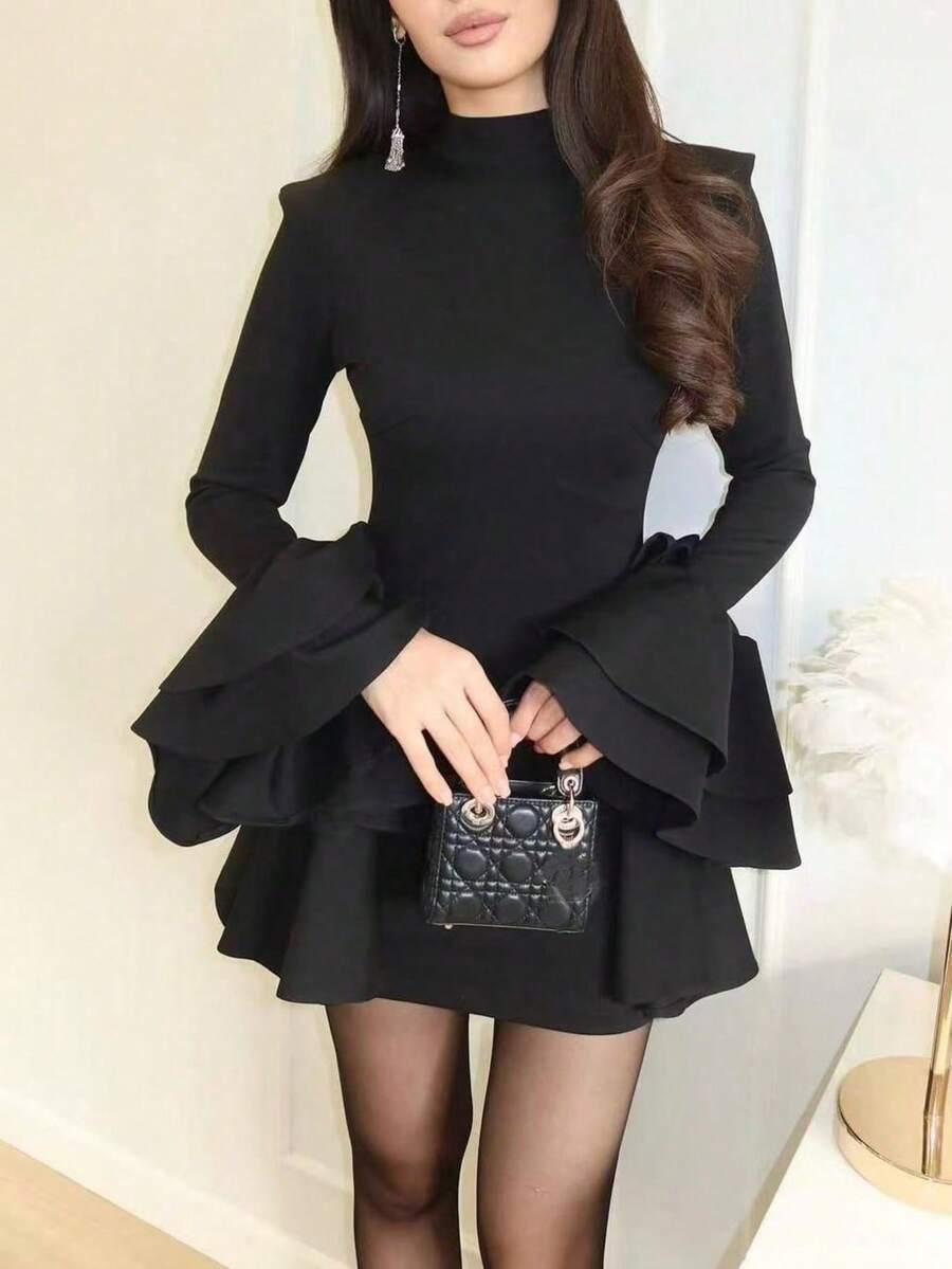 Women's Elegant Solid Color Multilayer Ruffle/Frill Formal Evening Dress, Knit Fabric Black Spring