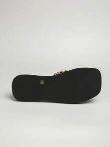 1 Pair Shiny Rhinestone Black Square Toe Fashion Flip Flops, Non-Slip Beach Sandals For Women - Multicolor - View 6