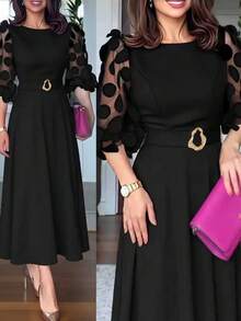 Elegant Women's Fitted Mid-Length Split Dress, Patchwork 3D Polka Dot Mesh 3/4 Sleeves, Accessorized With Metal Decor Belt, Tie Waist Black Spring - Black - View 1