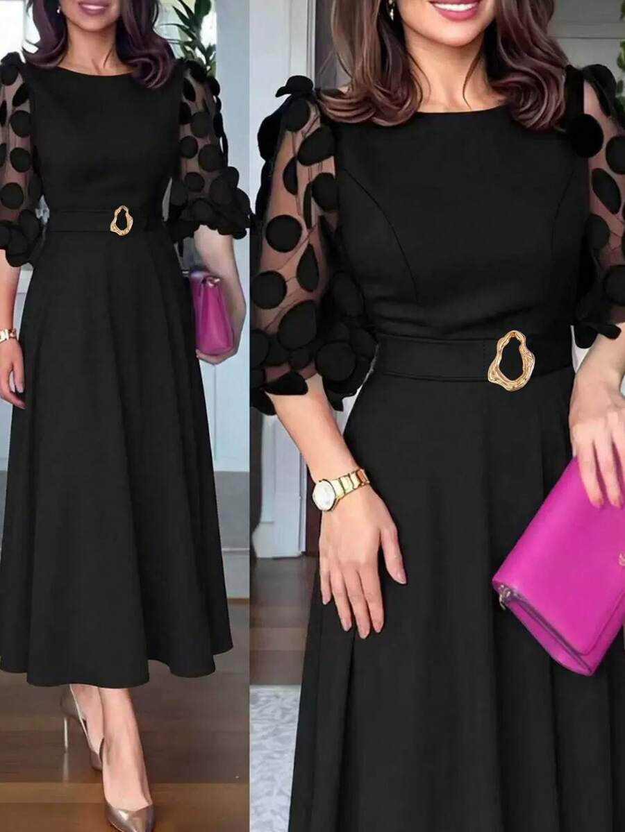 Elegant Women's Fitted Mid-Length Split Dress, Patchwork 3D Polka Dot Mesh 3/4 Sleeves, Accessorized With Metal Decor Belt, Tie Waist Black Spring - Black - View 1