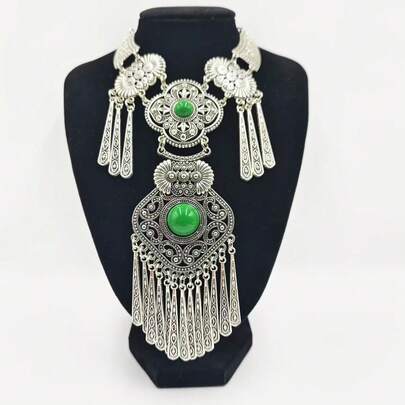 复古花卉项链，中东风格女士配饰，水滴形合金流苏项链，波西米亚风吊坠