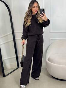 Ribbed Knit Set In Mousse Fabric: Wide-Leg Pants With Adjustable Drawstring + Puff Sleeve Blouse - Winter - Rỉ Nâu - Xem 1