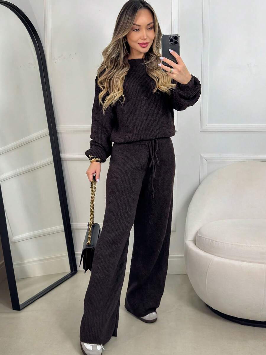 Ribbed Knit Set In Mousse Fabric: Wide-Leg Pants With Adjustable Drawstring + Puff Sleeve Blouse - Winter - Rỉ Nâu - Xem 1